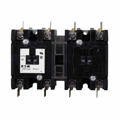 Eaton C65DRE350T definite purpose contactor, Quick, 50A, 24 Vac, 50/60 Hz, Open with DIN rail mounting adapter, 15-50A, two- and three-pole, 50A, Contactor, Three-pole, 65A, Box lugs (posidrive setscrew), Reversing