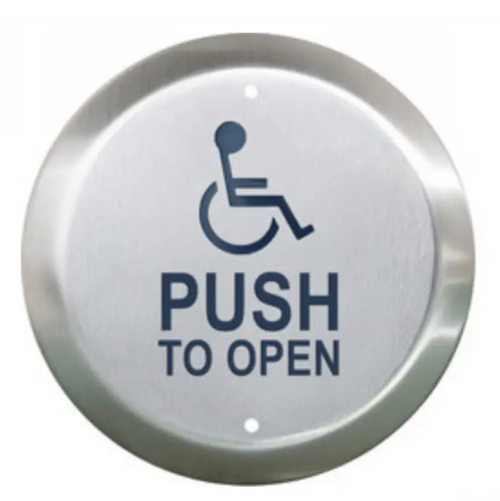 Camden CM-40 Series All-Active Switch, 4-1/2" Round Switch, SPDT Wheelchair/PUSH TO OPEN, Blue Text