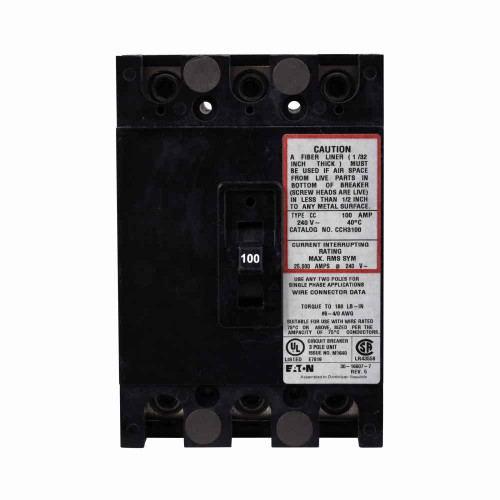 Eaton CCH3125 Type CC Molded Case Circuit Breaker, Three-Pole, 125A, 240V, 100 kAIC, #2/0-300 kcmil Cu/Al 60°C or 75°C