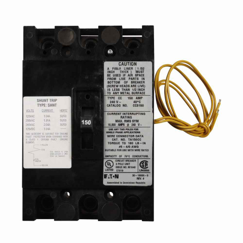 Eaton CC3150SR2D Type CC Molded Case Circuit Breaker, Three-Pole, 150A, 240V, 10 kAIC, #4-4/0 AWG Cu/Al 60°C or 75°C, 24 Vdc Shunt Trip