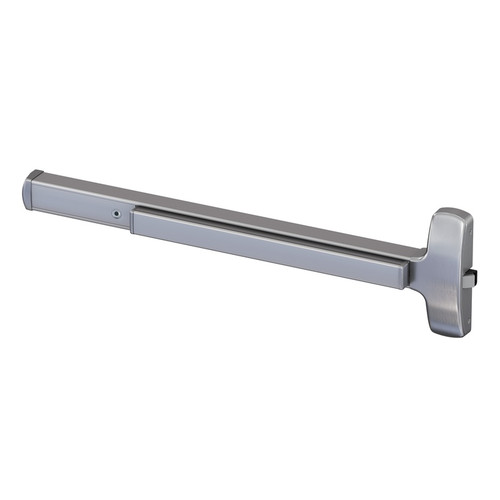Falcon 25-R-EO Series 36-Inch Rim Exit Device, Exit Only, Wide Stile Design – Satin Chrome finish, right-hand view showing full push bar and latch mechanism