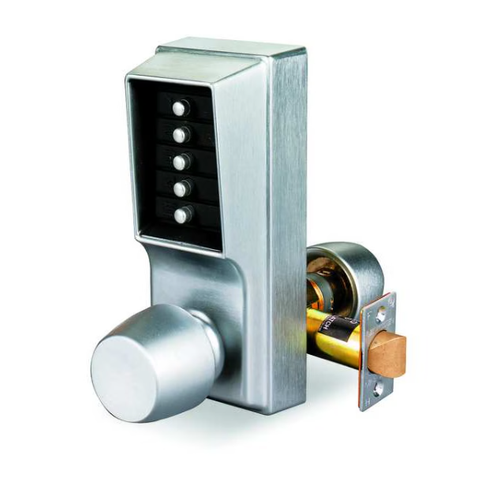 Dormakaba Simplex 1000 Series mechanical pushbutton knob lock, 626 Satin Chrome finish, shown with latch assembly and brass bolt