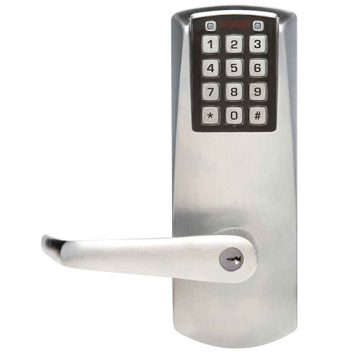 Dormakaba E-Plex 2000 Series Electronic Pushbutton Cylindrical Lever Lock with Privacy Function, 626 Satin Chrome finish, exterior view with keypad and lever