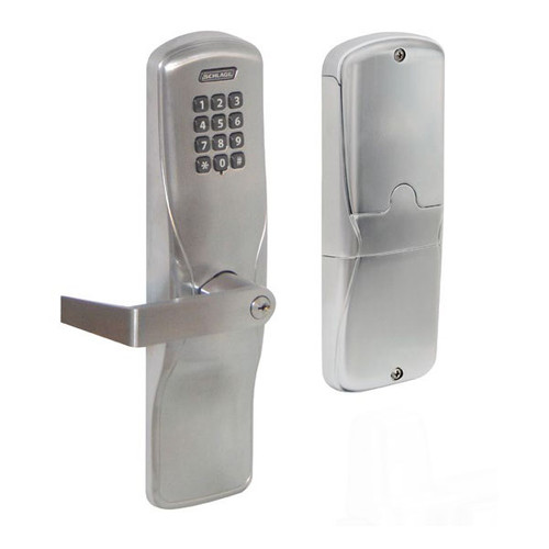 Schlage CO-100 993R Standalone Electronic Rim/Concealed Exit Device Trim with Keypad Reader, Latitude Lever, Satin Chrome Finish (626) — front and rear view