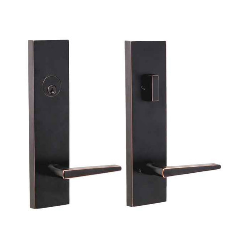 Weslock 6621 Addy Handleset with Philtower Lever in Oil Rubbed Bronze – exterior and interior escutcheon front and back view