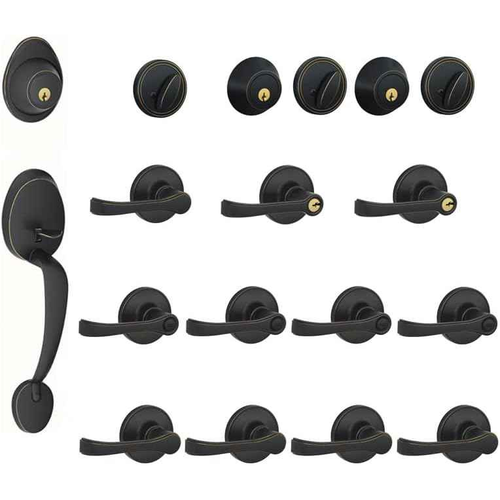 Schlage Residential J400 Barcelona Handleset with Torino Lever Complete Home Security Package