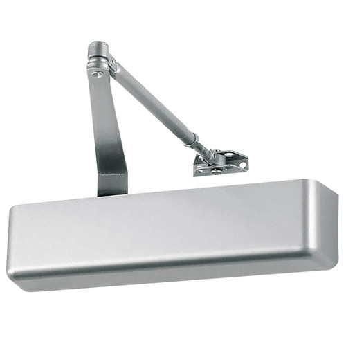 Falcon SC81A Series Surface-Mount Medium Duty Cast Aluminum Door Closer, 689 Aluminum finish, shown with full cover and parallel arm — front three-quarter view