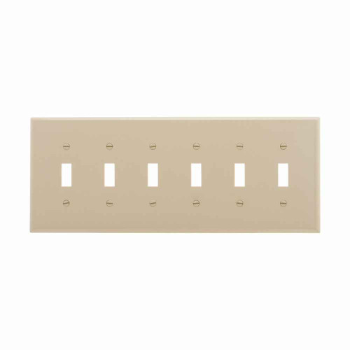 Eaton PJ6LA Toggle wallplate, Lt. Almond, Toggle Cutout, Polycarbonate, 6-Gang, Mid-size