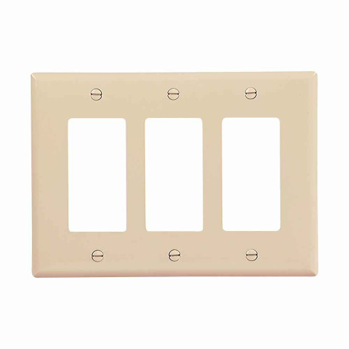 Eaton PJ263V Decorator / GFCI wallplate, Ivory, Decorator Cutout, Polycarbonate, Three- gang, Mid-size