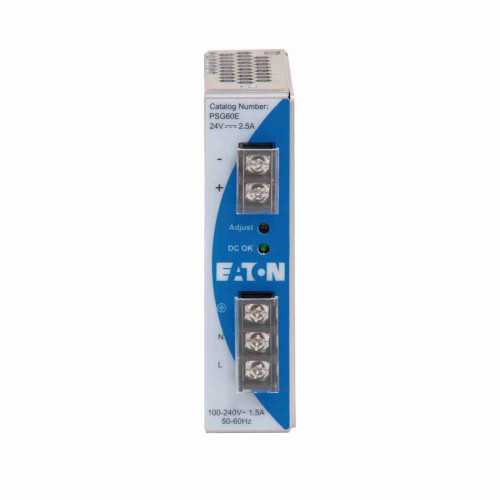 Eaton PSG60E Power Supply, 60W, Single-phase, 100-240V input voltage, 24 Vdc ± 2% output voltage, 1.1A input current, 2.5A output current, 30A inrush current, 47-63 Hz, 85-264V, 120-375 Vdc, Aluminum enclosure, Heavy-duty screw terminals