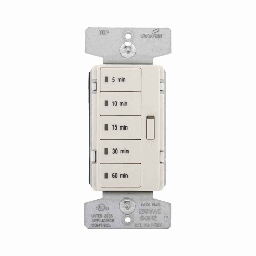 Eaton PT18M-LA Accell minute timer, 5, 10, 15, 30, and 60 minute default settings, 15A, 120V, Wire leads, Five button, Light almond, Load type: Incandescent, halogen, MLV, ELV, fluorescent, CFL, LED, Single-pole, Polycarbonate, 1800W