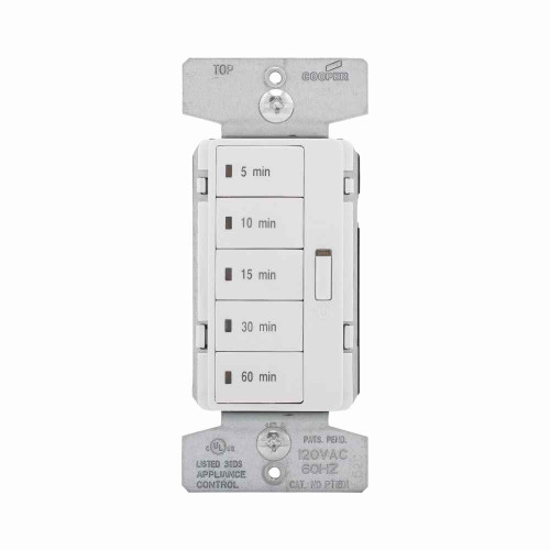 Eaton PT18M-W Accell minute timer, 5, 10, 15, 30, and 60 minute default settings, 15A, 120V, Wire leads, Five button, White, Load type: Incandescent, halogen, MLV, ELV, fluorescent, CFL, LED, Single-pole, Polycarbonate, 1800W