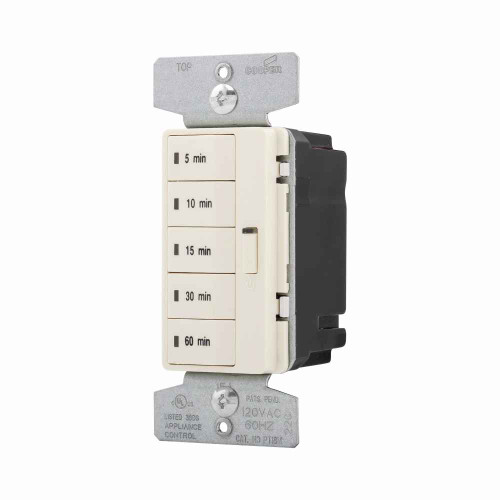 Eaton PT18M-A Accell minute timer, 5, 10, 15, 30, and 60 minute default time settings, 15A, 120V, Wire leads, Five button, Almond, Load type: Incandescent, halogen, MLV, ELV, fluorescent, CFL, LED, Single-pole, Polycarbonate, 1800W