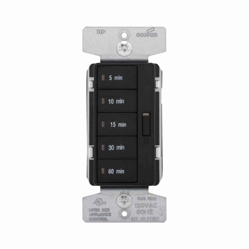 Eaton PT18M-BK Accell minute timer, 5, 10, 15, 30, and 60 minute default time settings, 15A, 120V, Wire leads, Five button, Black, Load type: Incandescent, halogen, MLV, ELV, fluorescent, CFL, LED, Single-pole, Polycarbonate, 1800W