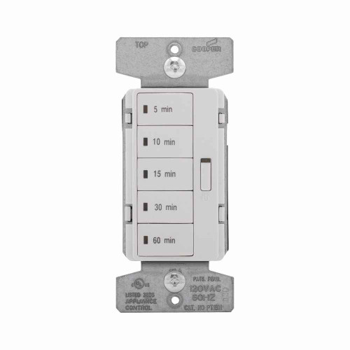 Eaton PT18M-C1 Accell minute timer, 5, 10, 15, 30, and 60 minute default time settings, 15A, 120V, Wire leads, Five button, Almond, ivory, white, Load type: Incandescent, halogen, MLV, ELV, fluorescent, CFL, LED, Single-pole, Polycarbonate, 1800W