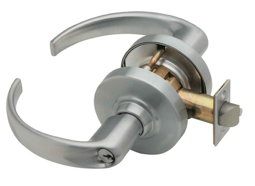 Schlage ND96 Vandlgard Storeroom Lock – Grade 1 Cylindrical Keyed Lever Lock, Athens lever, Satin Chrome finish, shown with latch and strike