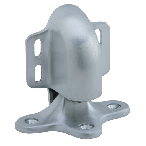 Ives FS40 automatic floor stop and holder, 626 Satin Chrome finish, front three-quarter view showing magnetic holder arm and tri-base floor strike
