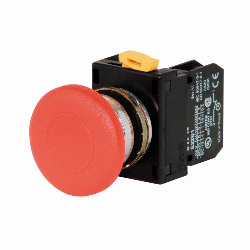 Eaton E22L2 E22 pushbutton, E22 Pushbutton, 22.5 mm, Non-Metallic Heavy-Duty, 40 mm, NEMA 3, 3R, 4, 4X, 12, 13, Non-illuminated, Momentary, Red actuator, Mushroom , Plastic, No light unit, Chrome bezel