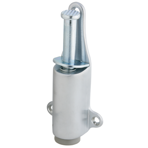 Ives FS1154 plunger door holder in 626 Satin Chrome finish, showing cast brass body, 1-1/4 in. throw plunger, and non-marring rubber shoe