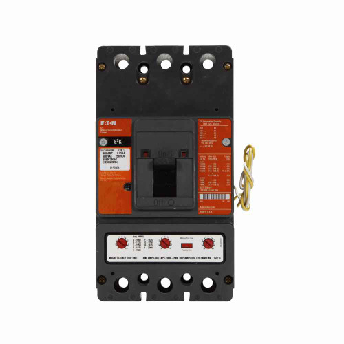 Eaton E2K3400MGWS10 E2 mining complete molded case circuit breaker, K-frame, E2K, Interchangeable thermal-magnetic trip, 750-1500A trip rating, Three-pole, 400A, 600 Vac, 250 Vdc, no term., Mining, 110-240 Vac or 110-125 Vdc same side w/ left pigtail