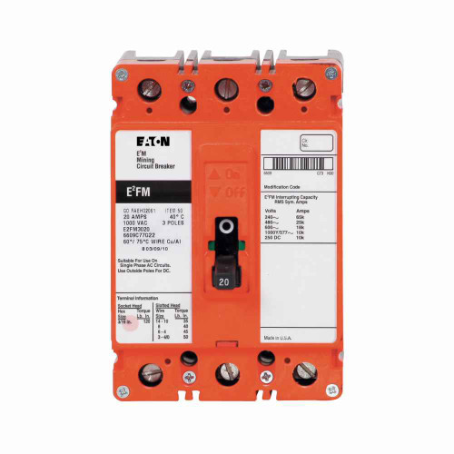 Eaton E2FM150UM E2 mining complete molded case circuit breaker, F-frame, E2FM, Non-interchangeable magnetic only trip, 750-2500A, Three-pole, 150A, 1000Y/577 Vac, 250 Vdc