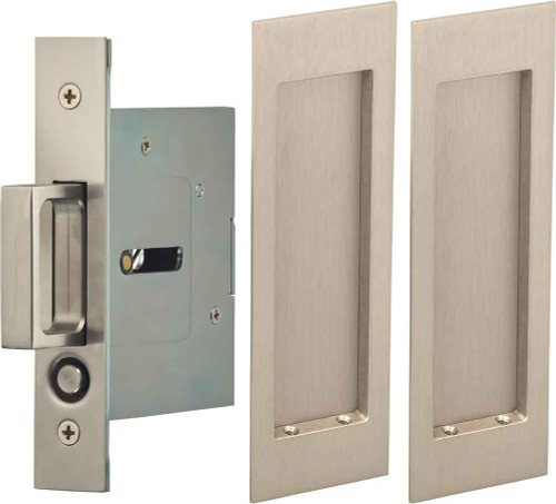 Omnia 7035/N Modern Rectangular Pocket Door Lock with Mortise Edge Pull – Passage Function in Satin Nickel Plated finish, shown with mortise body and pair of flush pulls