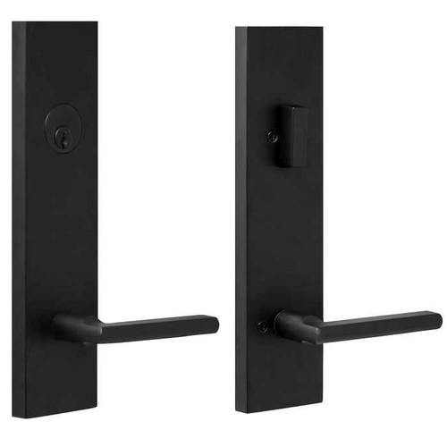 Weslock 6621 Addy Handleset with Atlas Lever in Matte Black — exterior and interior views, deadbolt keyed one side