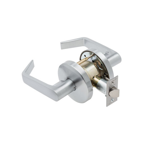 Falcon W101 Grade 2 Cylindrical Passage Lever Lock – Satin Chrome finish, Avalon lever, Standard Rose, exploded view showing latch bolt and chassis