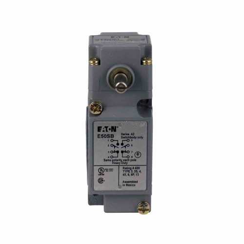 Eaton E50BR1 E50 NEMA heavy duty plug-in limit switch,Assembly,Screw Terminals,10A at 240 Vac,1A at 250 Vdc,Side rotary,momentary spring return,2NO-2NC,Die cast zinc,NEMA 1,3,3S,4,4X,6,6P,13,IP67,10A continuous,1A,10° to 200°F,E50