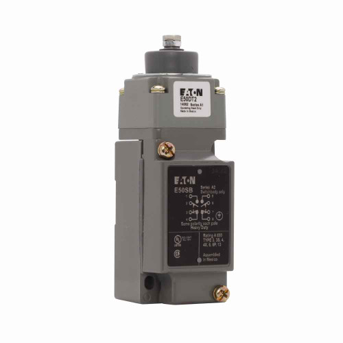 Eaton E50BT2 E50 NEMA heavy duty plug-in limit switch,Assembly,Screw Terminals,10A at 240 Vac,1A at 250 Vdc,Top pushbutton,2NO-2NC,Die cast zinc,NEMA 1,3,3S,4,4X,6,6P,13,IP67,10A continuous,1A,14° to 201°F (-10° to 94°C)