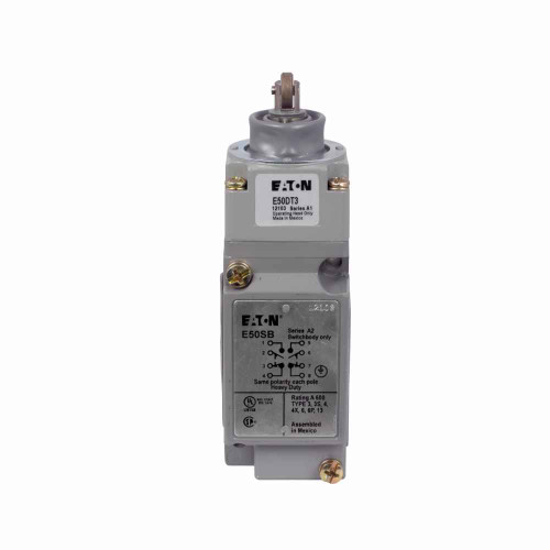 Eaton E50BT3 E50 NEMA heavy duty plug-in limit switch,Assembly,Screw Terminals,10A at 240 Vac,1A at 250 Vdc,Top push roller,spring return,2NO-2NC,Die cast zinc,NEMA 1,3,3S,4,4X,6,6P,13,IP67,10A continuous,1A,14° to 201°F (-10° to 94°C),E50