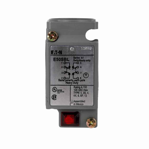 Eaton E50SBL E50 NEMA heavy duty plug-in limit switch,10A at 12 Vac,1A at 125 Vdc,2NO-2NC,Die cast zinc,NEMA 1,3,3S,4,4X,6,6P,13,IP67,LED indicator,24-120 Vac/dc,10A,1A,Two-pole,-40° to 250°F (-40° to 121°C),E50 Heavy Duty Plug In