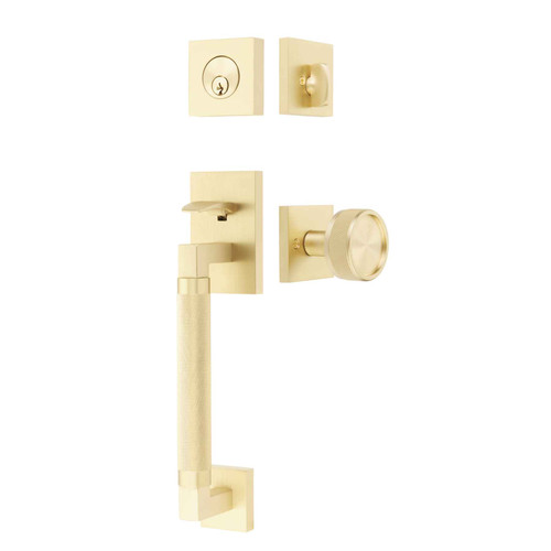 Emtek 4217 Hercules Knurled Sectional Single Cylinder Entrance Handleset in Satin Brass (US4) — full set view showing deadbolt, grip, and knob interior trim on white background