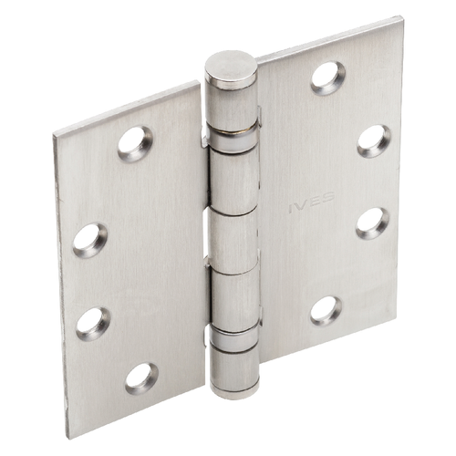 Ives 5BB1 5-Knuckle Ball Bearing Full Mortise Hinge, Square Corners, Satin Chrome (630) finish, non-removable pin, shown open at 90°