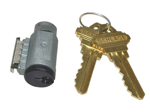 Schlage Residential 29-018 F Series Replacement Cylinder with Schlage C Keyway — shown with two included Schlage keys, angled front view