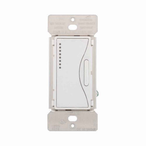 Eaton RF9542AW Z-Wave dimmer, 7-step LED light level display, Flush, 120V, Wire lead, Push pad, Maintained, Alpine White, Fan, LED, INC, CFL, ELV, MLV, FLR, Halogen, Single-pole, Three-way, Single-phase, Multi-location, Polycarbonate