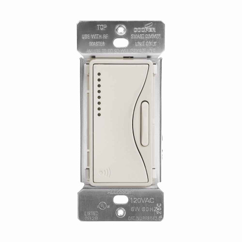 Eaton RF9642-ZDS Z-Wave plus accessory dimmer, 7-step LED light level display, Flush, 120V, Wire lead, Push pad, Maintained, Desert sand, LED, INC, CFL, ELV, MLV, FLR, Halogen, Single-pole, Three-way, Single-phase, Multi-location, Polycarbonate