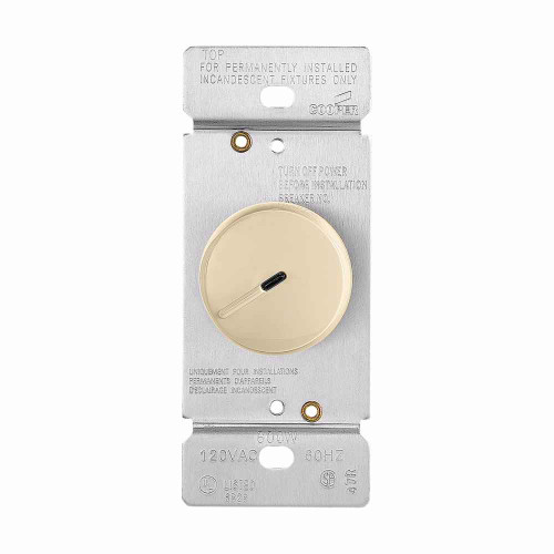 Eaton RI06PL-V rotary dimmer, Lighted, power failure memory, with preset, #16 AWG, 5A, 120V, Wire lead, Maintained closure, Ivory, Indoor, 60 Hz, Incandescent, halogen, 0° to 40°C, Single-pole, three-way, Polycarbonate, 600W