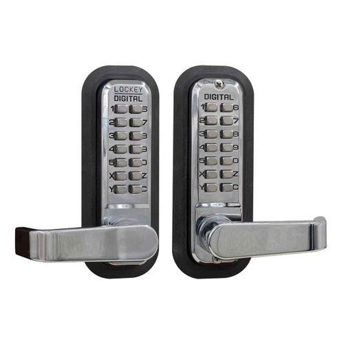 Lockey 2835 Double Combination Mechanical Keyless Lever Handle Lock with Passage Function in Satin Chrome, both interior and exterior sides shown