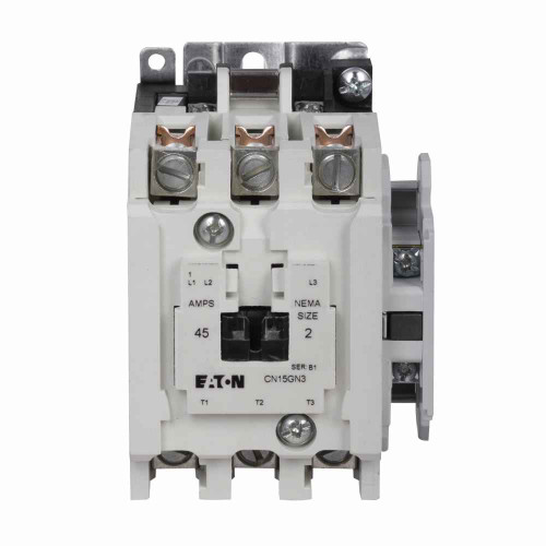 Eaton CN15GN5T4B Freedom NEMA motor control contactor, NEMA Freedom Series Non-Reversing Contactor, 3 hp at 115V, 7-1/2 hp at 230V, 10 hp at 208V, 15 hp at 240V, 25 hp at 480,600V maximum horsepower, 24 Vdc coil voltage, 45A, Five-pole, Size 2
