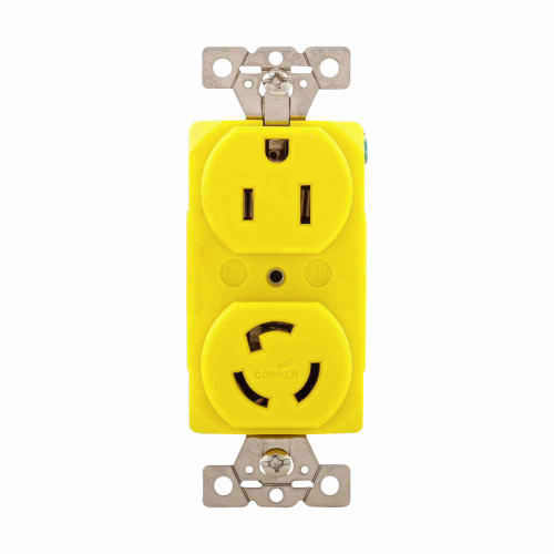 Eaton CR5792 corrosion resistant locking straight blade receptacle, #14-10 AWG, 15A, Industrial, 125V, Side wiring, Yellow, Corrosion resistant, L5-15, Two-pole, Three-wire, Thermoplastic