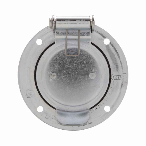 Eaton CS6376 locking flanged inlet with lid, #10-6 AWG, 50A, Industrial, 125/250V, Steel, Non-NEMA, Three-pole, Four-wire, Nylon, California standard