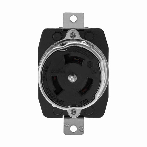 Eaton CS6369 locking receptacle, #10-6 AWG, 50A, Industrial, 125/250V, Back wiring, Black, Single, Non-NEMA, Three-pole, Four-wire, Steel, California standard