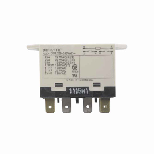 Eaton D8PR7TFA D8 General Purpose Plug-In Relay, Flange mount, QTY: 1, 120V coil, 5260 Ohms resistance, DPST-NO contact configuration, Silver alloy contacts, 25A, 220V rated load, 25A amperage rating, 250V max. operating voltage