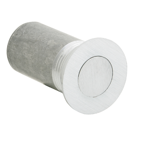 Ives DP1 Dust Proof Floor Strike with Round Face Plate and Spring-Loaded Plunger, 626 Satin Chrome finish, angled view showing cylindrical body and flush face plate