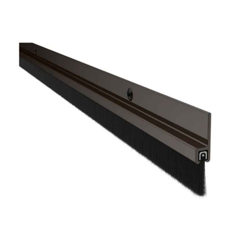 Pemko 18062 fire-rated door bottom weatherstrip, dark bronze anodized aluminum retainer with black nylon brush insert, angled view showing brush and retainer channel