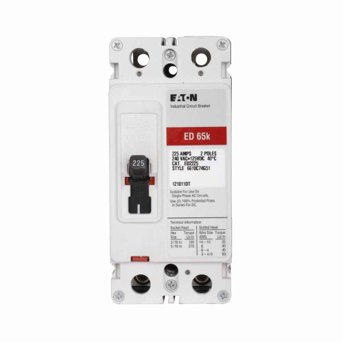 Eaton ED2225H08 Series C complete molded case circuit breaker, F-frame, ED, Complete breaker, Fixed thermal, fixed magnetic trip type, Two-pole, 225A, 240 Vac, 125 Vdc, 65 kAIC at 240 Vac, Load side, Marine, 50/60 Hz