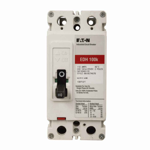 Eaton EDH2100Y Series C complete molded case circuit breaker, F-frame, ED, Complete breaker, Fixed thermal, fixed magnetic trip type, Two-pole, 100A, 240 Vac, 125 Vdc, 100 kAIC at 240 Vac, Line side, 50/60 Hz