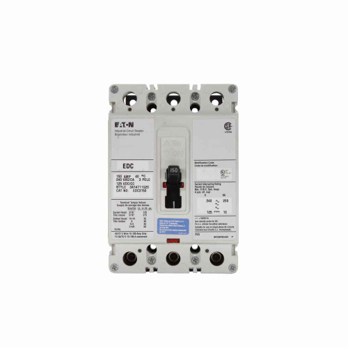 Eaton EDC3225L Series C complete molded case circuit breaker, F-frame, ED, Complete breaker, Fixed thermal, fixed magnetic trip type, Three-pole, 225A, 240 Vac, 125 Vdc, 200 kAIC at 240 Vac, Line and load, 50/60 Hz