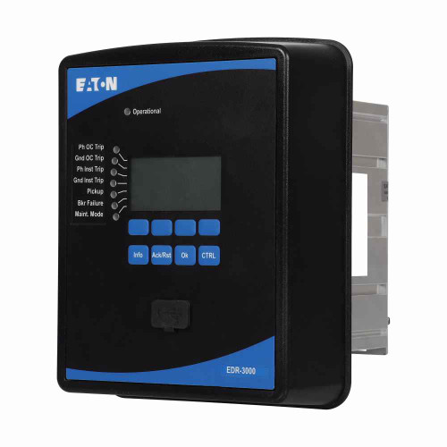 Eaton EDR-3000C0BB1 Eaton, Distribution relay, EDR-3000, Distribution relay,5A, 40-250 Vac, 19-300 Vdc, 5A/1A, 4, 4, Removable, Modbus-RTU (RS-485), Projection panel mount, Zone interlocking, IRIG-B, conformal coated circuit boards
